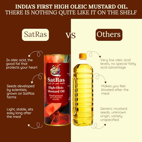 Image of SatRas India's First High Oleic Mustard Oil 1Ltr Extracted from Raya 1706 Seeds | 2X Higher Oleic Acid | Cold pressed Kachi Ghani Sarso Oil | Unrefined, Pure Sarson Tel | Non-GMO & Preservatives Free