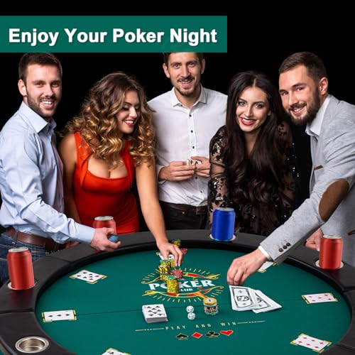 Lemosae Foldable Poker Table, Portable Blackjack Table 8-10 Player Folding Texas Card Game Table with Cup Holders for Casino, Play Cards, Poker Games, Green (Round Style,48 Inch)