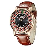 Roulette Wheel Watches for Men with Ball, 45MM Big Face Quartz Analog Casino Themed Watch, 3ATM Waterproof Glowing Brown Leather Men's Wrist Watches, Casual Dress Relojes para Hombres