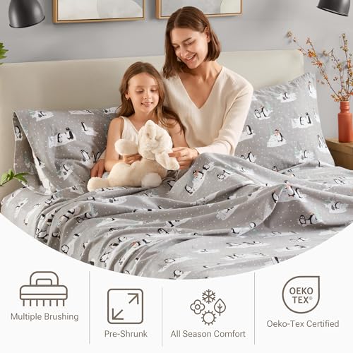 True North by Sleep Philosophy Cozy Flannel Warm 100% Cotton Sheet - Novelty Print Animals Stars Cute Ultra Soft Cold Weather Bedding Set, Queen, Grey Penguins