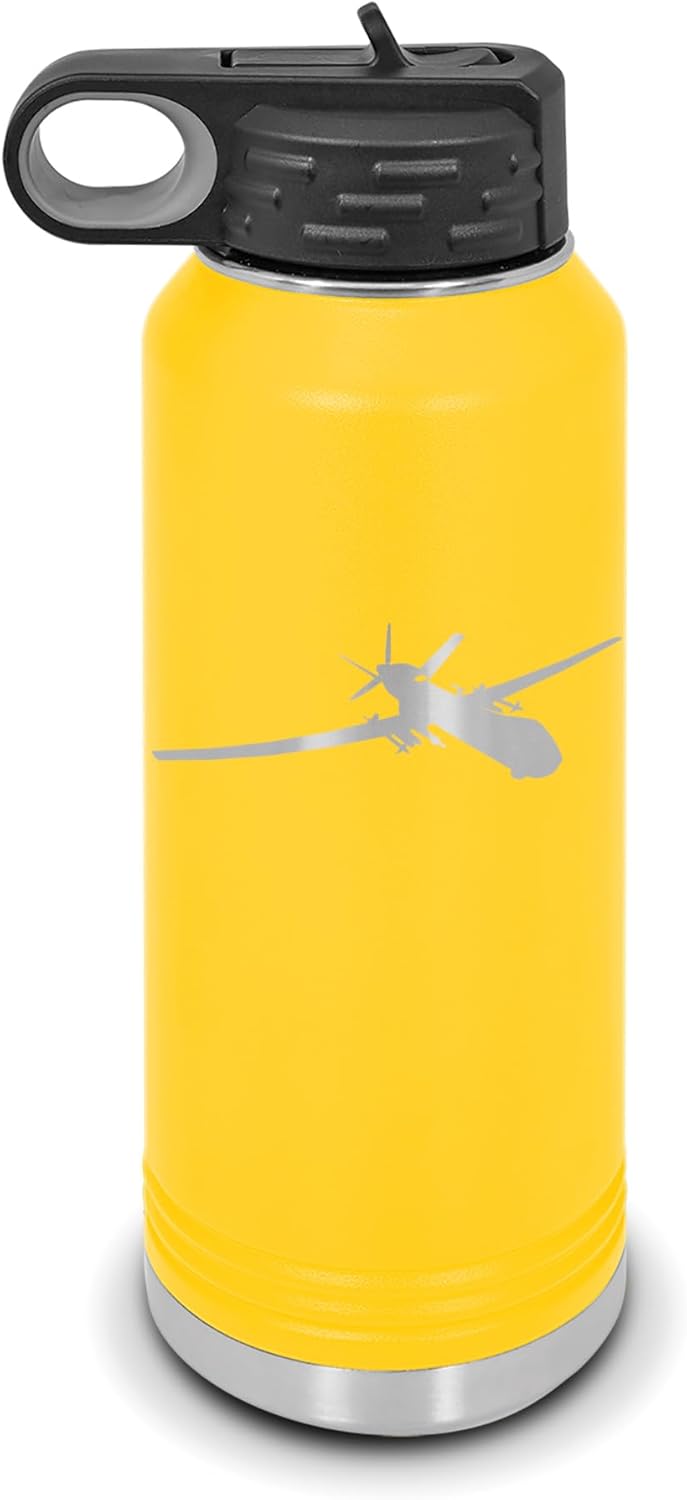 RDW MQ-9 Reaper Water Bottle 32 oz - Laser Engraved w/Flip Top Removable Straw - Polar Camel - Stainless Steel - Vacuum Insulated - Double Walled - Drinkware Bottles - Flying Drone UAV - Yellow
