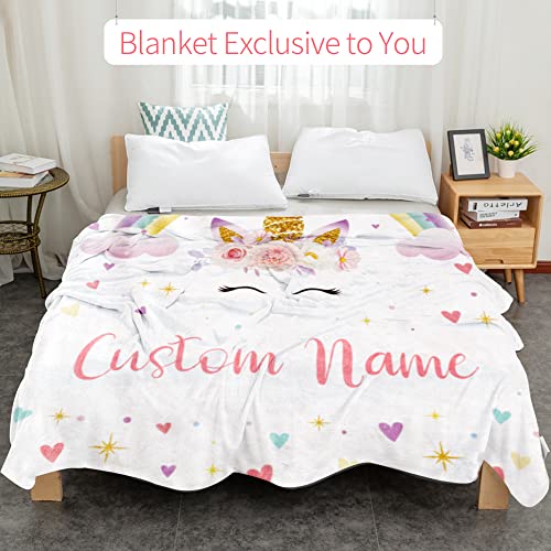 Image of Personalized Name Horse Blanket for Kid Girl Custom Rainbow Toddler Blanket
