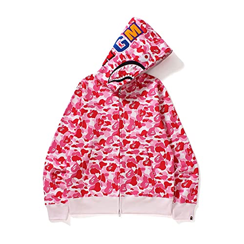 HEZEHAI Shark Jaw Camo Jacket Hoodie Shark Mouth Sweatershirt Full Zip Up for Adults(Pink,M)