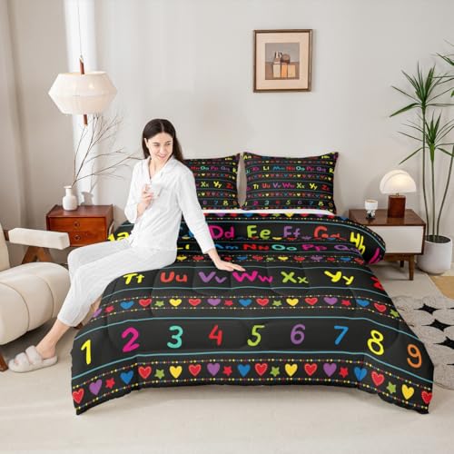 Image of Feelyou ABC Alphabet Comforter Set King, Alphabet Numbers Bedding Set for Kids Educational Learning Comforter Learning Time Duvet Set with 2 Pillow Case