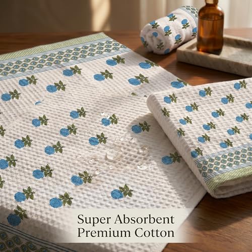 Image of Mafatlal Madhuban Hand Printed Cotton Set (1 Bath 147x76 cm + 2 Hand 76x38 cm) | 250 GSM | Quick Dry & Soft | Feather White Color