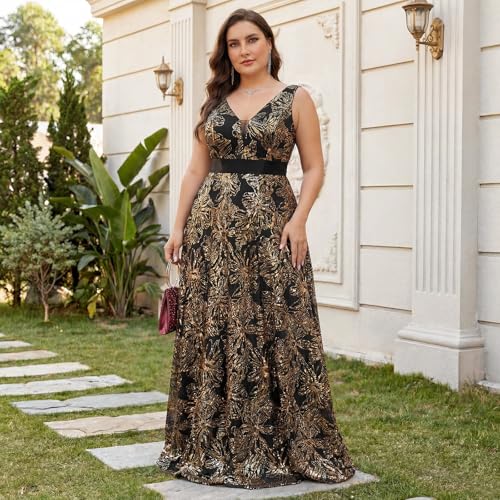 Image of Plus Size Formal Dresses for Women with Embroidery Sequin and V-Neck, A-Line Maxi Dress for Wedding and Cocktail