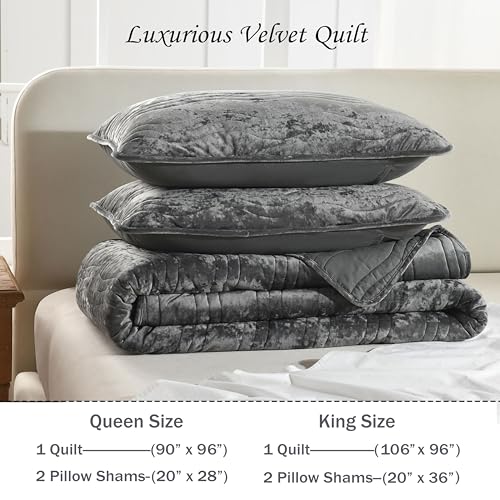 Image of Velvet Quilt Set, Grey Velvet Quilt Queen Size Comforter Set, Luxury Bedding Soft Plush Bedspread, Machine Washable Coverlet,All-Season 3 Pieces
