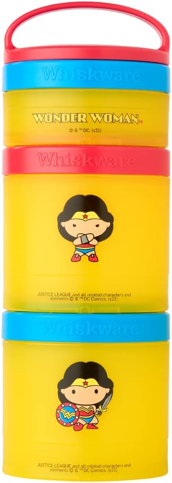 Whiskware Justice League Stackable Snack Containers for Kids and Toddlers, 3 Stackable Snack Cups for School or Travel, Wonder Woman (Pack of 1)