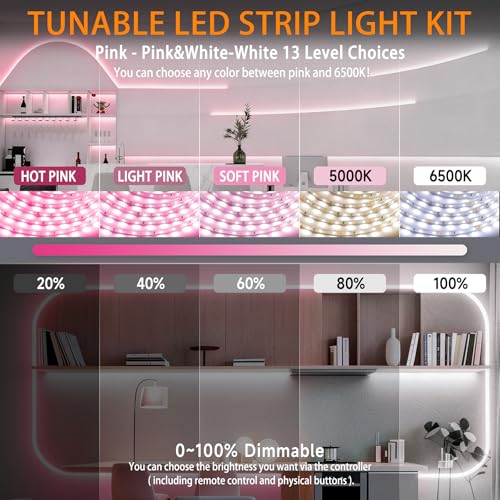 Image of Pink & White LED Strip Light Kit for Bedroom, 50 FT LED Lights Strip, 24V Dual Tunable Rope Light with Dimming & Color Temperature Adjustment for Living Room, Mirror, Home Lighting