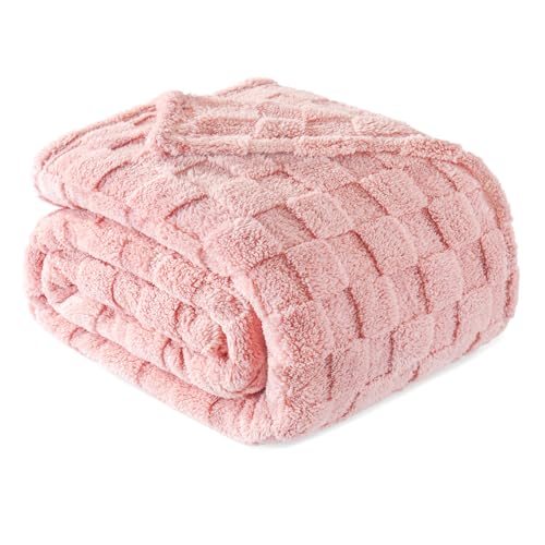 Exclusivo Mezcla Queen Size Flannel Fleece Blanket, Super Soft and Warm Lightweight Checkered Pattern Blankets for All Seasons, 90x90 Inches, Pink