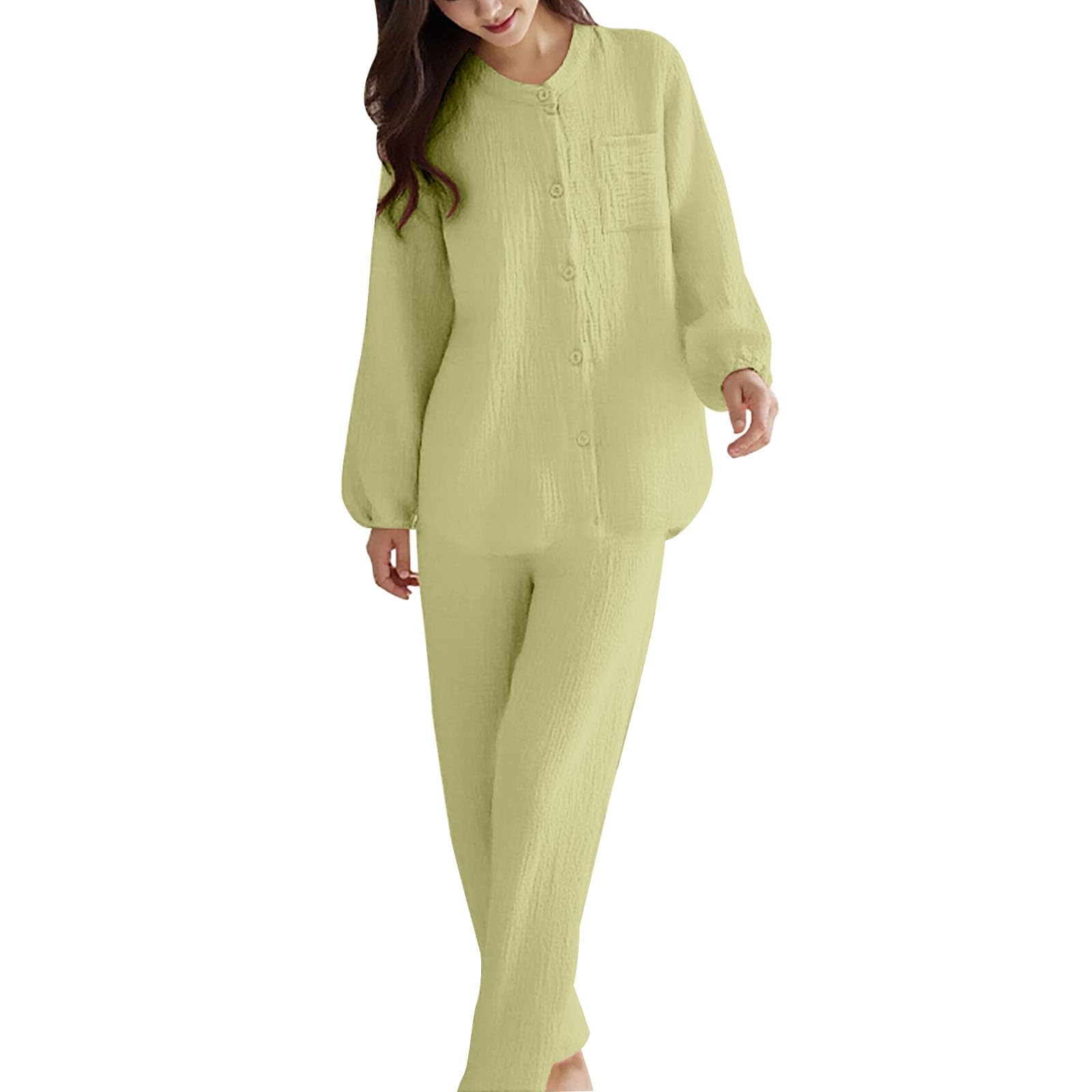 Ensemble de pyjama long en mousseline plissée pour femme | Ensemble de pyjama 2 pièces uni, combinaison avec poches, chemisier à manches longues, boutons et pantalon long ample