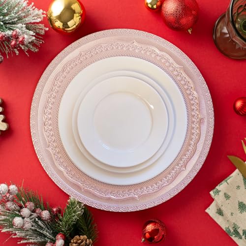 13" Foil-Pink Charger Plates, Lace Embossed Elegant Charger Plate Set of 6, Round Server Ware Chargers for Dinner Plate, Reusable Bulk Table Setting for Party or Event