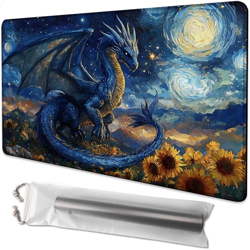 FOJEXBKAS Playmat for MTG Dragon Under The Starry Night Magic Play Mat 24x14 Inch Card Game Mat for Magic The Gathering TCG PTCG Playmat with Free Storage Bags Non-Slip Backing and Stitched Edge