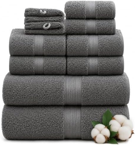 Green Mark Handtuch-Set mit 10 Teilen – 100% Baumwolle – 4 Handtücher 50 × 100 cm, 2 große Duschtücher 70 × 140 cm, 2 Gästetücher 30 × 50 cm und 2 Waschhandschuhe – Anthrazitgrau