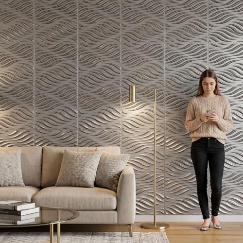 Image of Kayra Decor 3D Wall Panels Wave Design - Wood Gray Color | 19.7 inch x 19.7 inch (Pack of 12) - Covers 32.28 Sq. Ft | Premium Home & Office Wall Decoration
