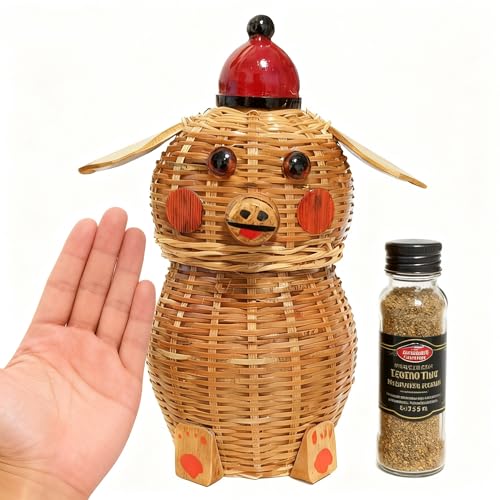 “Tiny Guardian” Miniature Bamboo Sculpture – HandwovenPig Figure, Traditional Coiled Weaving Art, Collectible Folk Art Decor (5.91, Piglet)