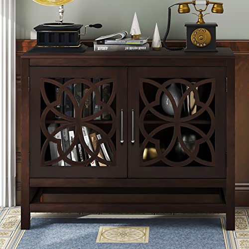 Knocbel Accent Storage Cabinet With Metal Handles, Transparent Doors And Adjustable Shelf, Decorative Mid-Century Console Table Buffet Sideboard For Entryway Hallway Living Room (Brown) #TOP2