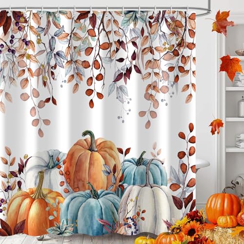 Pumpkin Shower Curtain Colorful Leaves Floral Pumpkin Bathroom Curtain Fall Autumn Themed, Happy Thanksgiving Fabric Shower Curtain Fall Bathroom Decor Bathtub Accessories Hooks Included 72X72IN
