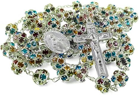 Nazareth Store Colorful Crystal Beads Rosary Catholic Necklace Miraculous Medal Multicolor - Velvet Bag