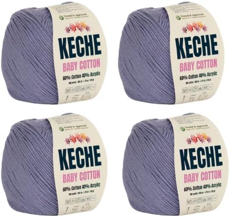 Keche Cotton Yarn, 60% Cotton 40% Acrylic Yarn, Soft Cotton Yarn for Crochet and Knitting, Amigurumi Yarn 4 Skeins/Balls [1.76 Oz (50g) / 180 Yrds (165m)] x 4 - Lilac