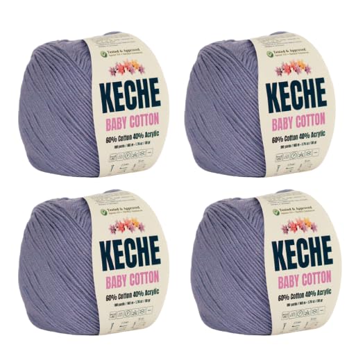 Keche Cotton Yarn, 60% Cotton 40% Acrylic Yarn, Soft Cotton Yarn for Crochet and Knitting, Amigurumi Yarn 4 Skeins/Balls [1.76 Oz (50g) / 180 Yrds (165m)] x 4 - Lilac