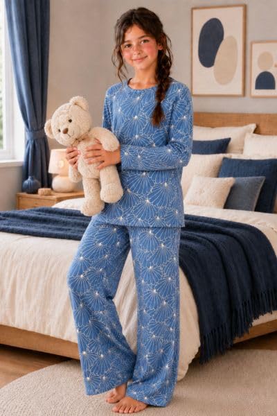 Image of TotzTouch Girls Printed Pyjama Set | Full Sleeve Top with Wide Leg Pyjama Pants | Stylish Cotton Co-Ord Nightwear Set for Kids