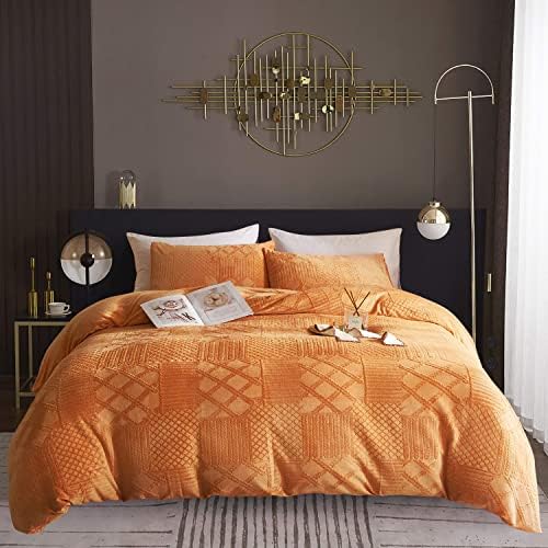 Powdion Velvet Duvet Cover Queen Tufted Duvet Cover Sets Camel 3 Pieces Soft and Cozy Boho Duvet Cover Flannel Queen Size with Zipper Closure & Ties, 90''x90''