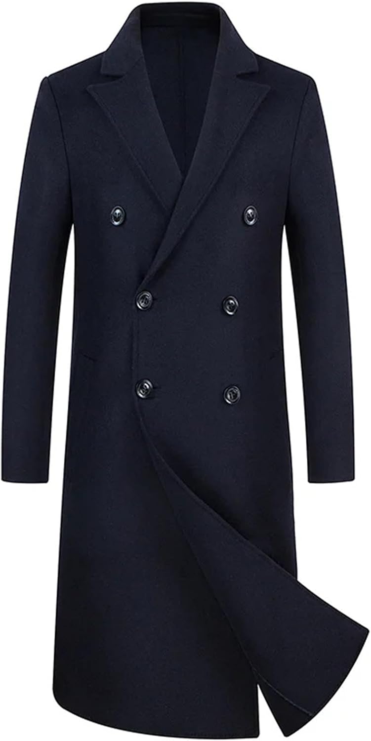 Mens Double-Sided Woolen Overcoat Windbreaker Men's Long Wool Blend Trench Coat Turn-Down Collar Warm Jacket