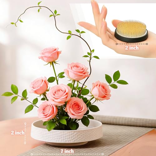 Japanese Ikebana Kit Floral Frog Japanese Flower Arranging Supplies Flower Container with Needle Straightening Tool & Kenzan - 2.4inch Flower Frog, Bowl Vase (White Hammering Pattern) by Eggone - Image 2