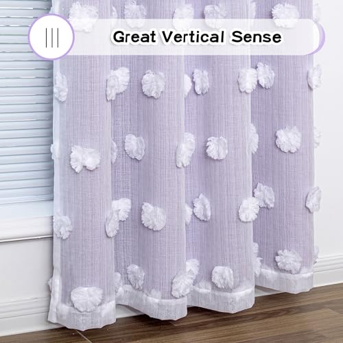 Image of MYSKY HOME Light Blocking Lilac Curtains for Living Room White Sheer Pom Pom Kids Room Decor Drapes 102 Inches Long Double Layer Curtain for Sliding Door Grommet Window Panels Set of 2 52 inch x 102 inch