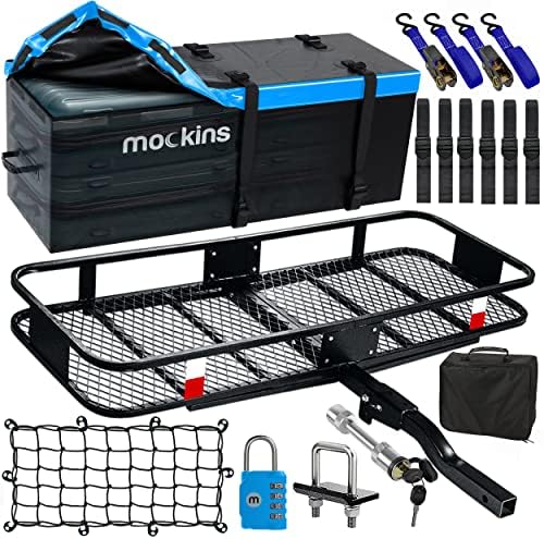Mockins 60x20x6 Folding Cargo Carrier Hitch Mount with 16cu Waterproof Cargo Hitch Bag &Net| 500LB Cap. Trailer Hitch Cargo Carrier | Cargo Hitch Carrier Tow Hitch Cargo Carrier Vehicle Cargo Carriers