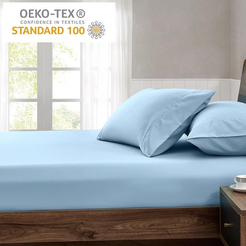 Image of Amazon Brand - Umi Cotton Feel Glace Cotton Fade Resistant Elastic Fitted Single Bed Bedsheet with 1 Pillow Cover Fits Upto 8 inches Mattress, Size- 36x78x10 Inches, Sky Blue