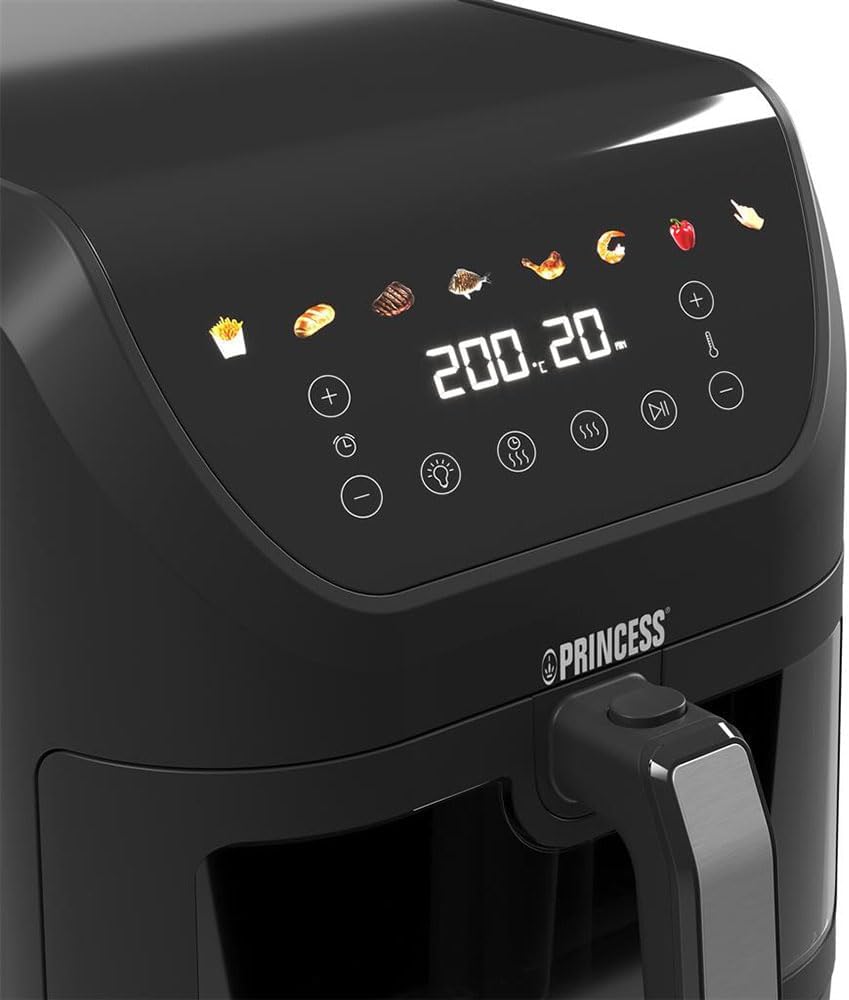 Close-up of the Princess SlimFry 8L Air Fryer's digital control panel with various icons and temperature/timer display.