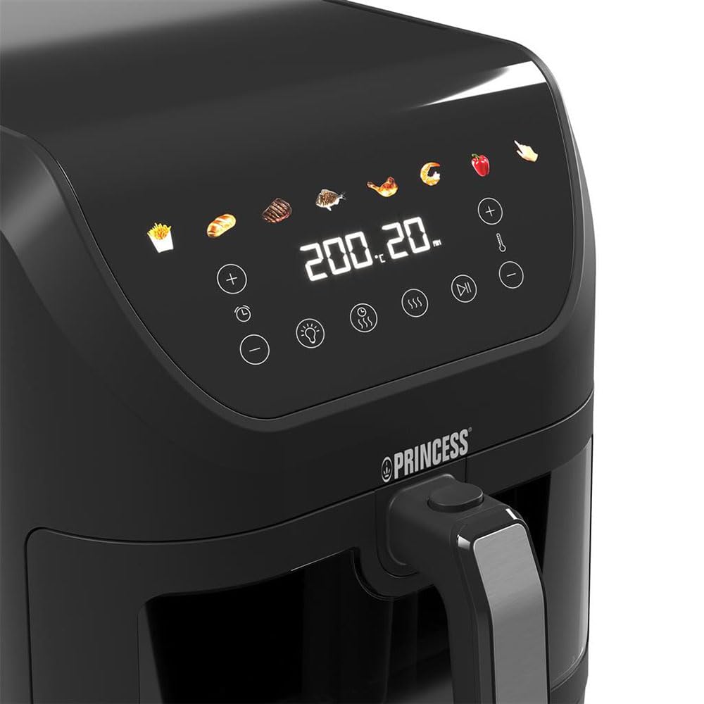 Princess SlimFry frytkownica na gorące powietrze, 8 l, oszczędność miejsca, technologia gotowania beztłuszczowego, 8 programów, przezroczyste okienko, 2000 W, czarna, frytkownica Airfryer