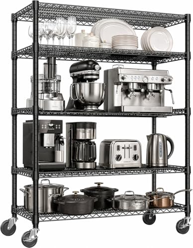 Allingo Heavy Duty 5-Tier Steel Wire Shelving Unit with Wheels, 4000 lbs Total Capacity, Adjustable Metal Storage Rack for Garage Warehouse Industrial Use, Black, 47.25" W x 17.75" D x 77" H