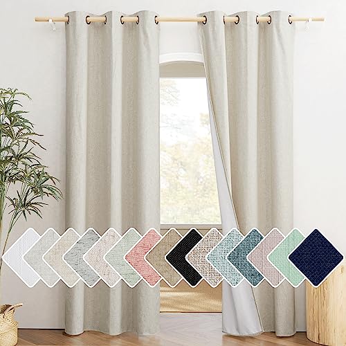 NICETOWN Natural Full Blackout Boho-Chic Linen Curtains 84 inch Long 2 Panels Set for Cafe Window, 42 inch Wide, Thick Linen Blend Drapes, Insulated Window Covers Draperies with White Backin