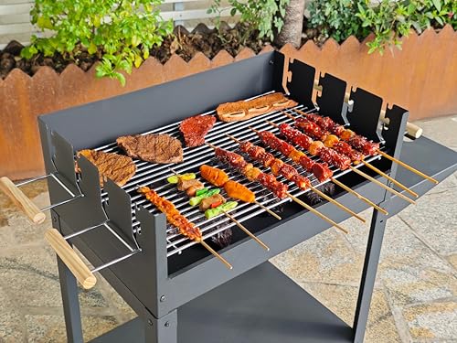 Parrilla portátil para barbacoa de carbón, rejillas de cocción dobles grandes con alturas ajustables, ruedas rodantes, mesa auxiliar, color negro