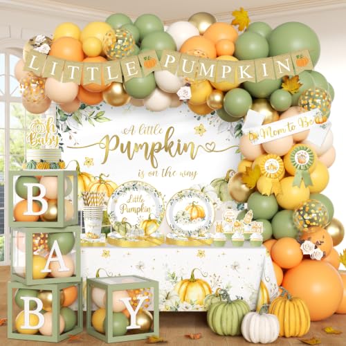 319pcs Little Pumpkin Baby Shower Decorations for Boy or Girl A Little Pumpkin is on The Way Baby Shower Party Supplies Fall Baby Shower Decorations include Tableware Set Backdrop Balloon Arch Boxes