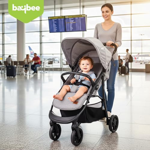 Image of BAYBEE Baby Stroller for 0 to 3 Years Foldable Travel Pram, Multifunctional Toddler Seat & Infant Pramette with 360 Wheels, Canopy, Recline Seat, 5 Point Safety Harness & Storage Basket (Silver)