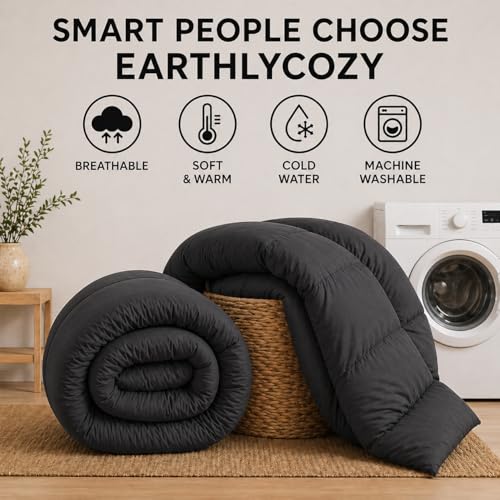 Image of Luxury Hotel Collection Cotton Comforter | All-Season Lightweight Quilt for Hot Sleepers | Plush, Breathable & Box-Stitched (Queen) Dark Grey