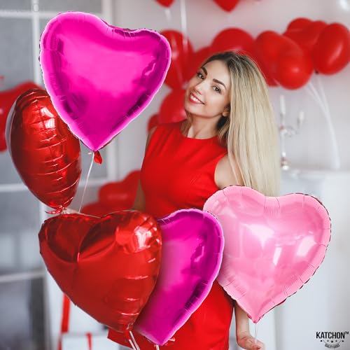KatchOn, Heart Shaped Foil Balloons - Pack of 12 | Hot Pink, Red and Fluorescent Pink Heart Shaped B