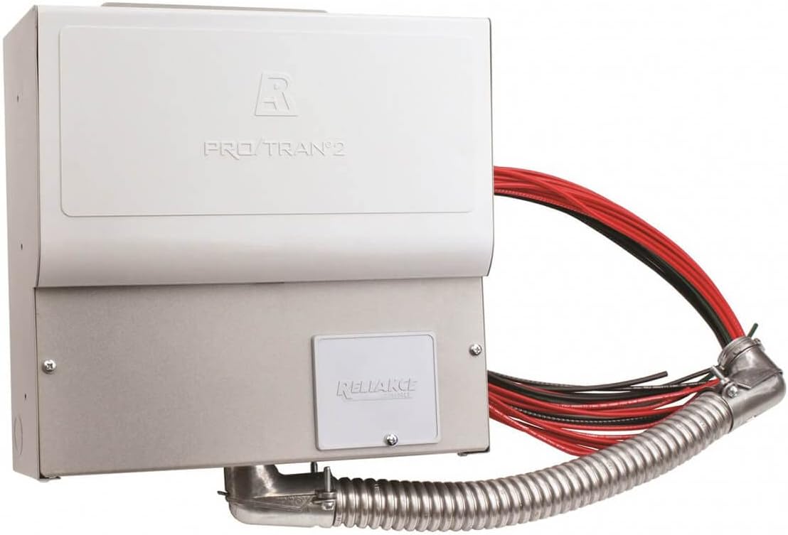 Ārpuse view of the Reliance 510C Pro/Tran2 Manual Transfer Switch with flexible conduit for wiring.
