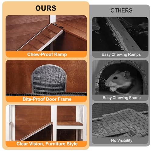 2-Story Guinea Pig Cage with Stand, Indoor Wooden Hamster Cage with Ramp, Pull-Out Tray, Hideout & Platform, Acrylic Transparent Small Animal Habitat for Chinchillas, Ferrets, Hedgehogs, Walnut - Thumbnail 4