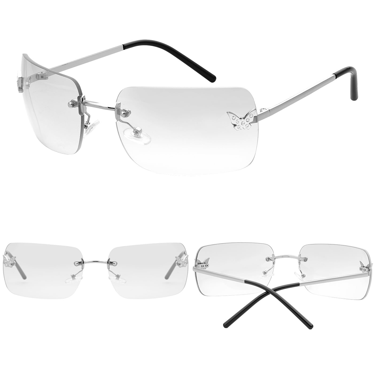 knliwkm Lentes de sol rectangulares Y2K sin montura para mujeres y hombres, lindos, pequeños, transparentes, sin marco, lentes tintados, 2000, a la moda, mariposa