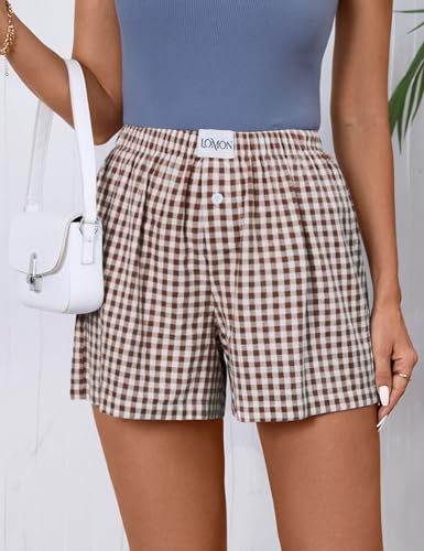 Image of LOMON Womens Boxer Shorts Casual Summer 2026 Pajama Lounge Sleep Pj Gingham Plaid Shorts Y2K Beach Bottoms
