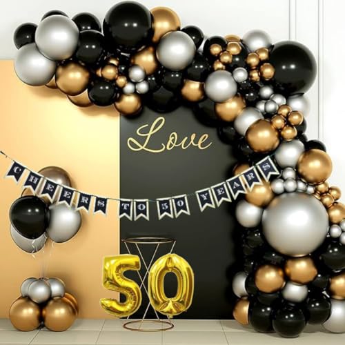 Image of Wanna Party Happy 50th Birthday Decorations Combo Kit - 33 pcs | Happy Birthday Decoration Kit | Men and Women |birthday banner | Gold, black and Silver Balloon | 50 numerical Gold Balloon