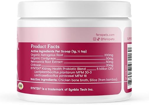 Fera Pets Dog Kidney Support Supplement with Antioxidants & Probiotics - Enhances Renal Health & Function - Promotes Regular Detoxification - Powder - 60 Scoops