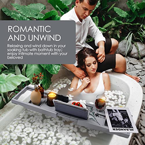 Foldable Bathtub Caddy Tray, Bamboo Bath Tub Tray Table For Tub With Wine Glass Holder Book Phone Tablet Holder With Extending Sides, Adjustable Bathroom Bathtub Free Soap Holder Gift Idea (Grey) #TOP2