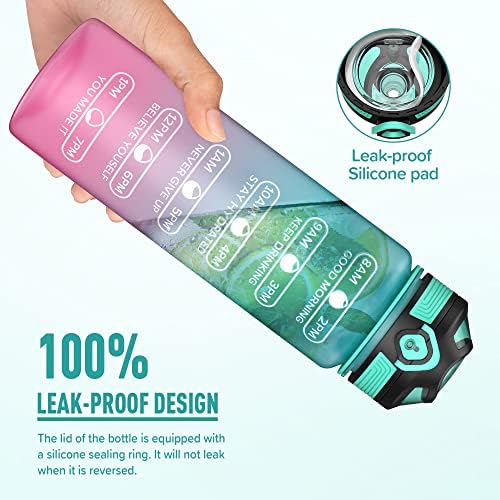 Water Bottle 1L, Motivational Sports Water Bottle with Time Markings,Leak-proof BPA Free Tritan Drink Bottle with Fruit Strainer, for Adults, Gym, Fitness, Cycling, SchoolGradient Green-Purple)