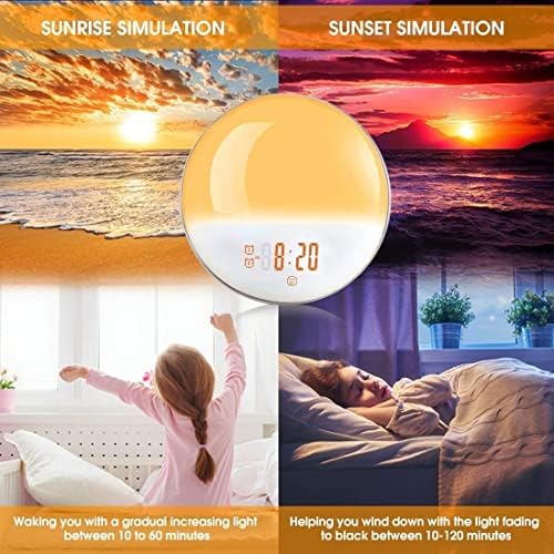 Alarm Clock Wake Up Light Sunrise/Sunset Simulation Bedside Night Lamp Mains Powered with FM Radio/Dual Alarms/7 Natural Sounds & Light Colors/20 Brightness Levels, LED Mood Light for Kids Bedroom